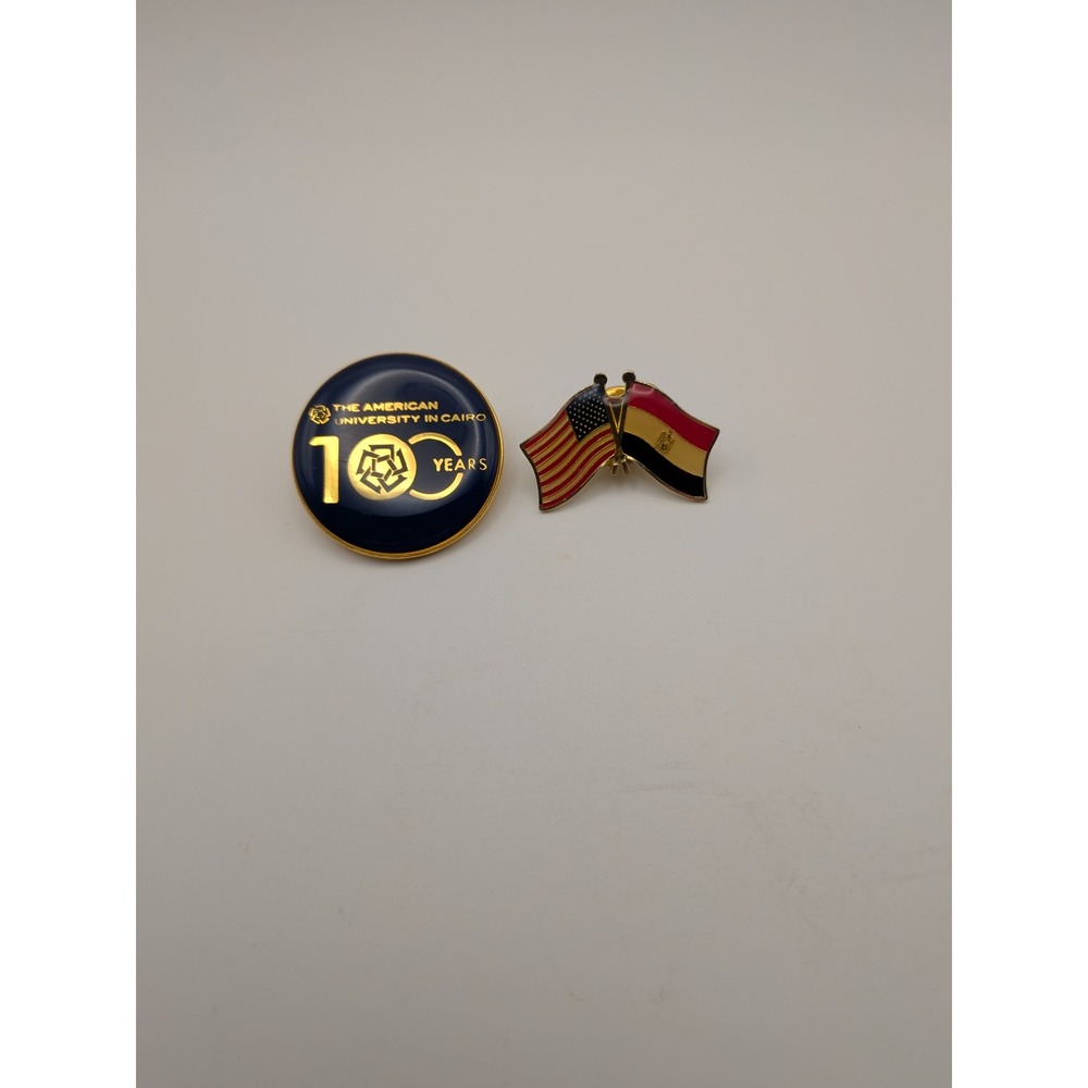 American University in Cairo 100 Years Centennial Pin & USA Egypt Flag Pin Set